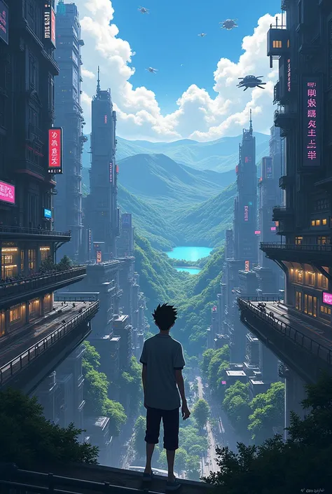 Create an image of a  looking at a beautiful landscape in a dark city ,  where there are several cars and people like a cyberpunk vibe Japanese anime version. Do it very detailed 