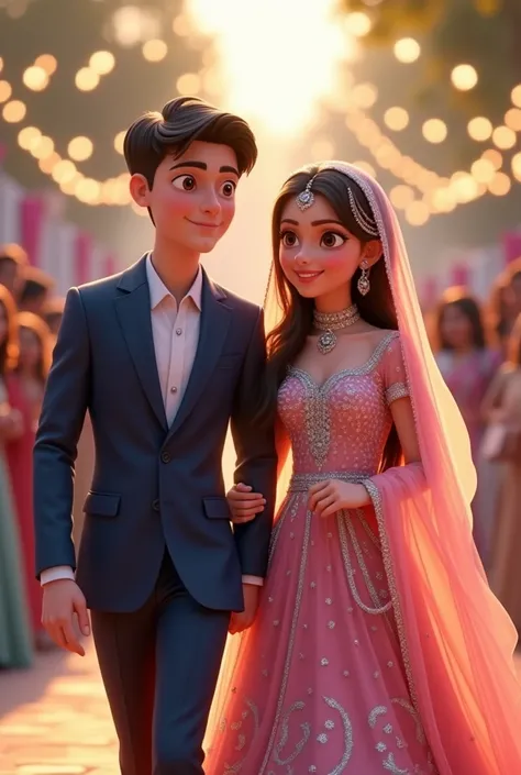 Create a vibrant scene featuring two animated characters walking together at a festive outdoor wedding. The young man wears a classic navy blue coat pant , while the young woman is in a stunning baby pink Pakistani valima gown adorned with silver embroider...