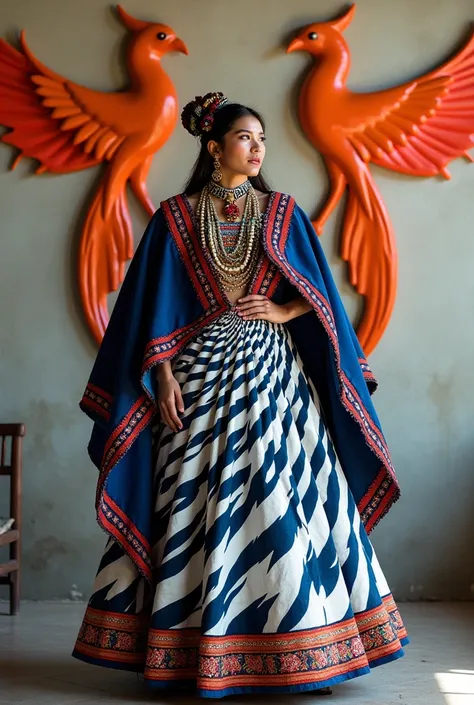 A womens caporal costume from Bolivia that is tornadolado white and dark blue, which has two orange phoenixes on the wall  