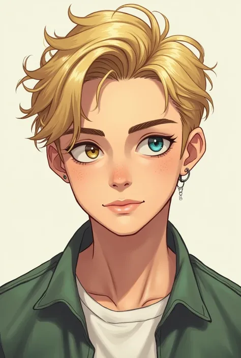 .Man with blond hair and eyes of different colors ( one eye blue and the other green ) , freckles on the face,  ear piercing , character portrait .  wearing casual clothes , illustration, 