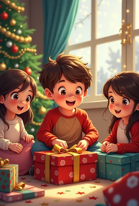 Illustration of a boy and unwrapping presents with girl cousins in living room 
- Details: Colorful wrapping paper, excited expressions
- Setting: Grandma Heathers home
- Mood: Exciting, joyful
Christmas time 