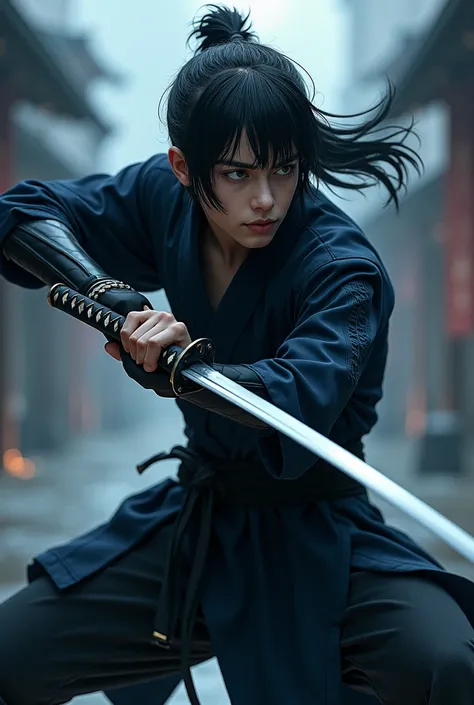 Ninja boy with black hair , emo bang, long ponytail, he is healding a katana and has black and indigo outfit
He is 19 years old