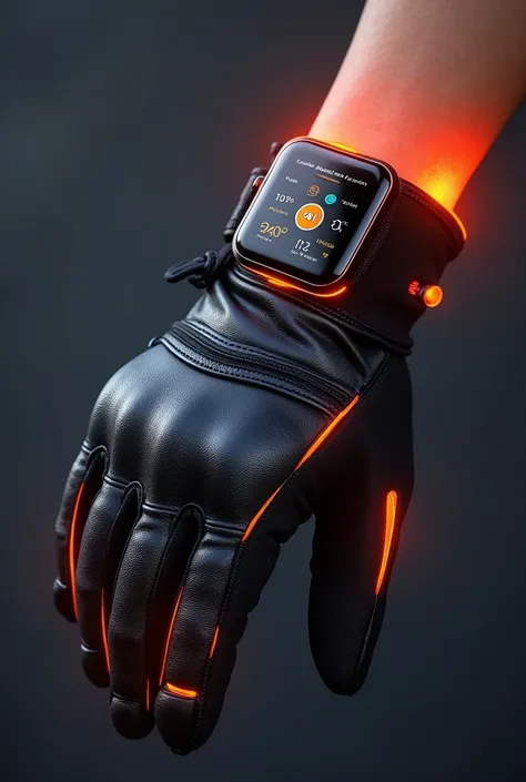  Please create an image of heated motorcycle gloves that have a square touchscreen on the wrist that works in a similar way to a smartwatch,  I dont want them to have buttons but I do want them to allow the manipulation of touch devices using my fingertips...