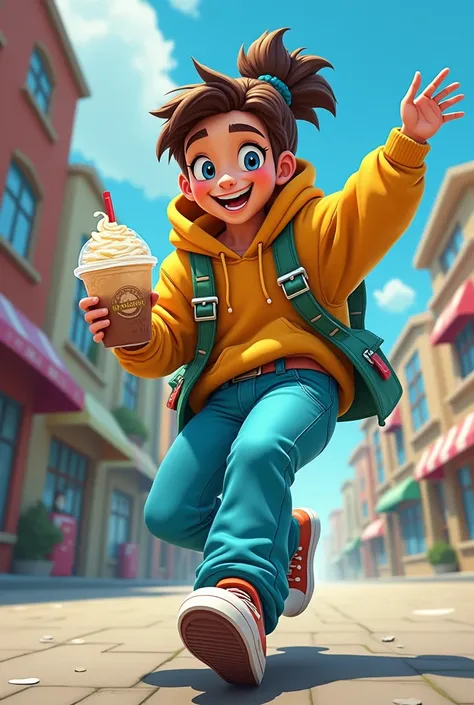  Rebellious and fun character who is on the go, Do you like cold drinks such as coffee the name of the drink is called iceffee, preferably if you wear blue clothes and a yellow sweatshirt 
