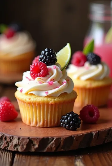 🎉 Berry Margarita Cupcakes 🎉,  The scene should be captured in warm, inviting lighting with a slight grainy texture, reminiscent of an old camera. The composition should convey a casual yet appealing presentation that highlights the dishs homemade charm. E...