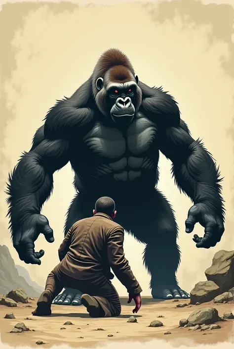 create a vector illustration of a gorilla being dominated by man in an old drawing 