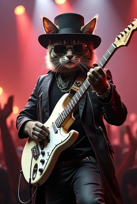  Rock metal cat with hat , sunglasses, white guitar mofockos ,  playing live on a stage with mofockos in the background 