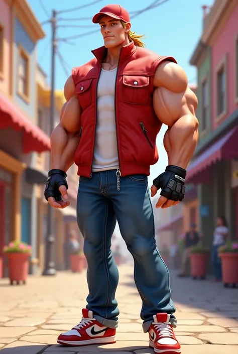 an adult Caucasian male with a muscular physique and long blonde hair with a ponytail wearing a red sleeveless jacket, white shirt, blue jeans, fingerless gloves, red and white sneakers with a red baseball cap in pixar style 