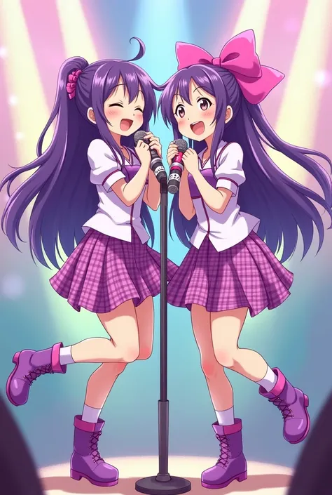  Purple Side Long Hair ，Tie a large pink bow， Japanese Cute Sisters Anime Style ， Purple Plaid Skirt ，Long Plaid Socks ，Purple Playful Boots ， Very Happy Happy Lively Immersive Singing， Microphone Write mina 。