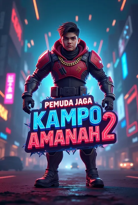 3D text logo reads “PEMUDA JAGA KAMPO AMANAH 2” at the bottom with a mighty youth mascot themed on gaming