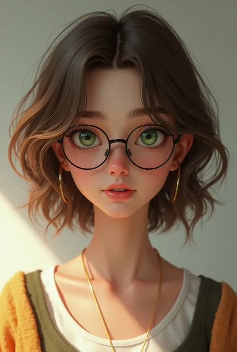 Realistic 14-year-old woman with short hair down to the shoulders, brown with gold illuminations, green eyes and glasses , 60 kilos 