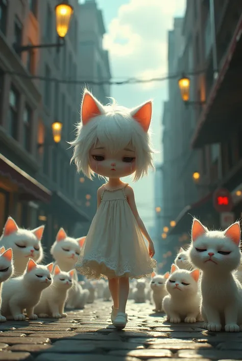 A white cat girl walking on street tears on cheeks, cats laughing at her
