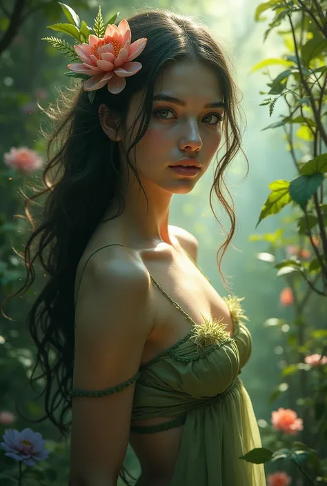 photo Realism, Forest elemental  , girl,  half-naked exquisite details,  atmosfera surreal ,  ethereal beauty,   vibrant colors   ,   soft lighting, Fantasy theme , mystical presence,  delicate foliage   ,  colorful flowers ,   intricate patterns  , dreaml...