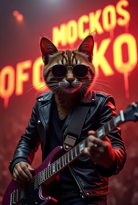 Drummer cat with leather jacket ,  lenses at a rock metal concert with lyrics in the background that say mofockos in fire 