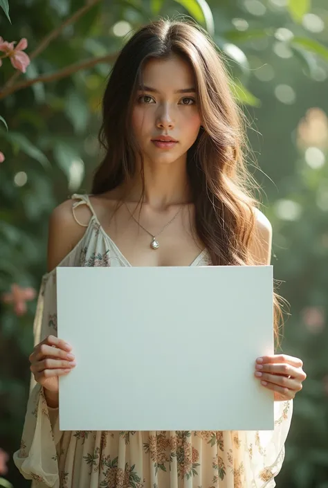  Girl with long hair, bohemian dress, holding a white board