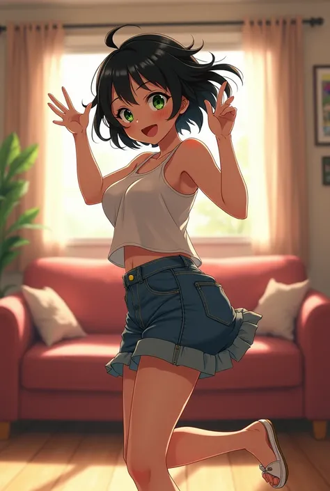 (anime) Girl of years , exaggerated breasts,  green eyes, high, Short black mane.  listening to music and dancing in her living room
