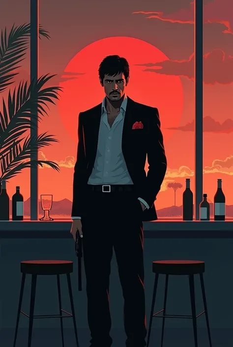 Scarface in a modern and minimalist bar, with a sunset