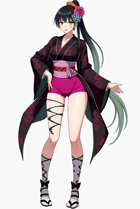  Anime style, anime,  Daki was a tall, curvy woman with lemon-green eyes with a dark orange center ,  long lashes and very pale skin .  Your Initially black hair was styled in a long ponytail filled with kanzashi hairpins  (three on each side )  holding th...