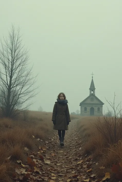  All leaves are brown and the sky is gray .  A girl walks outside in winter without snow. A small church stands next to it . 
