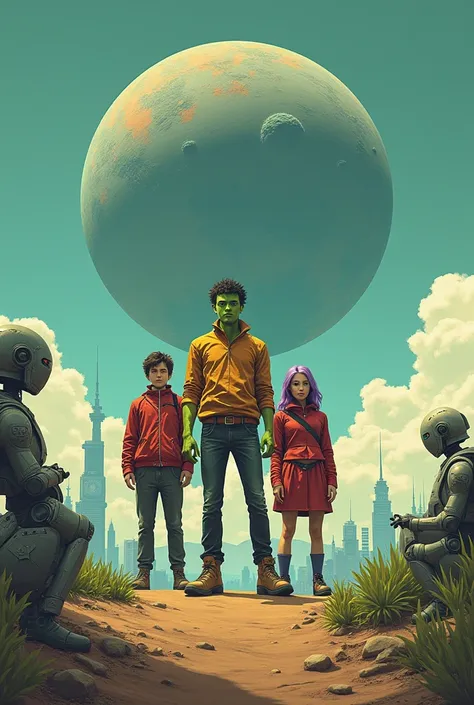 Create an image of three teenage people, two men, one wearing red, the other green and a purple woman, you stand at the bottom of a hill with a recycling robot, run through a vacuum cleaner and then an alien planet and say the voice of Zidir as if it were ...