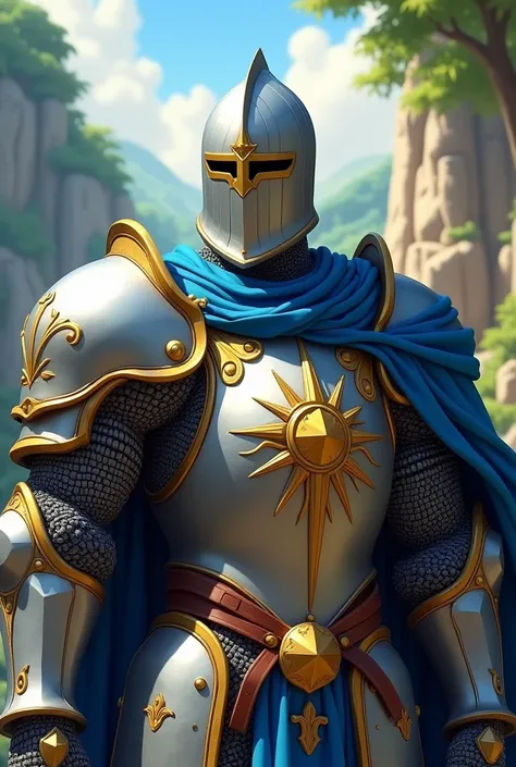 A Dungeons and Dragons-inspired paladin. Knight with heavy armor, proud, brave, as his armor shines in the sunlight. Forest cliffside background, intricate knight helmet, high quality, HD, silver armor with gold details, sun insignia on chest, fortified ar...