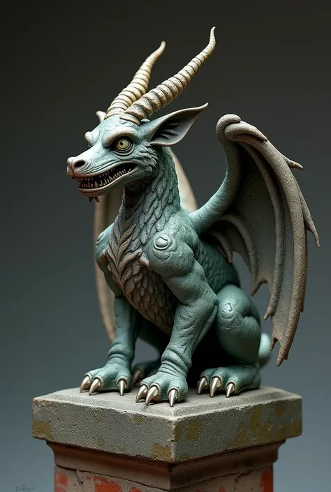  Make a small hybrid gargoyle statue, with goat horns ,  dragon wings and big teeth