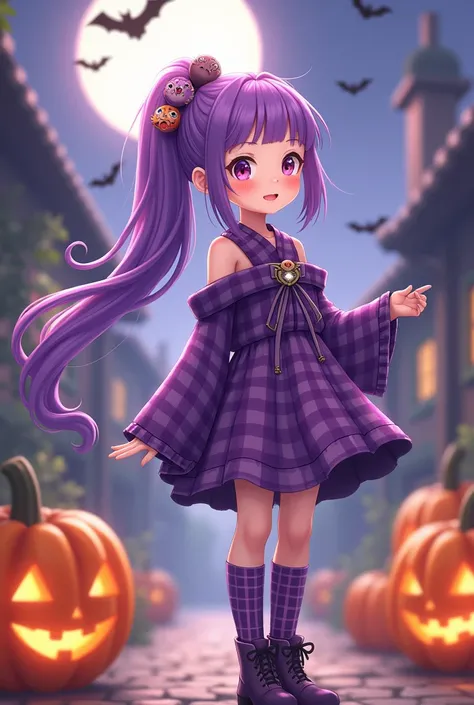 A purple long-haired ， A ponytail is flying high， Hair Lots of Cute Dolls Hairstyle Ornaments，Japanese  little sister ， Wearing Purple Plaid Dress ， Long Purple Plaid Socks ，Purple Boots ，very cute，Going through Halloween ！