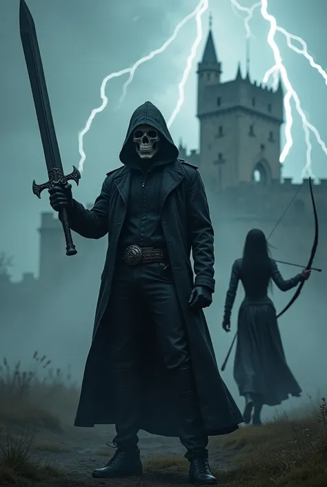 high definition two people . man hooded skull in front , with black jacket and black pants with big sword raised lightning falling, Behind beautiful gothic woman in front of balta bow on the cabella long black hair high boots with knife foggy day castle be...