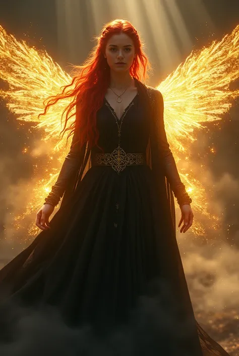 Assimar holly,  red braided hair , light wings, beautiful Geheimnisvoll , good
Golden power, dark Clothing