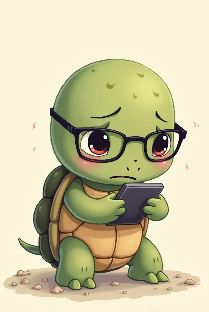 Very cute turtle with glasses that cries while texting on the phone