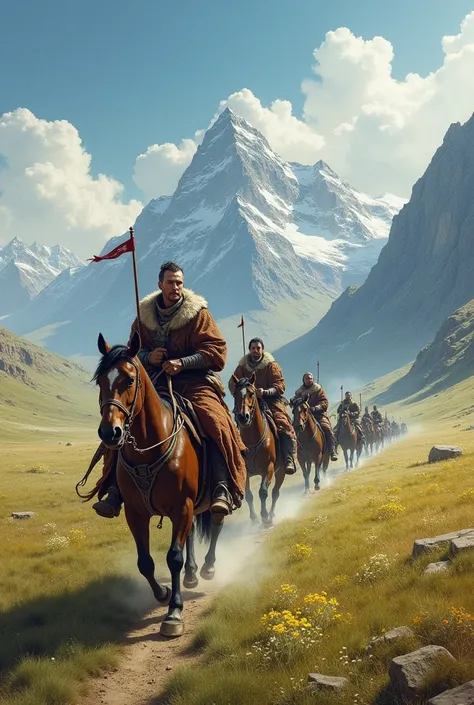  Mongol troops cross a vast meadow with mountains in the background, depicts their toughness on the long journey 