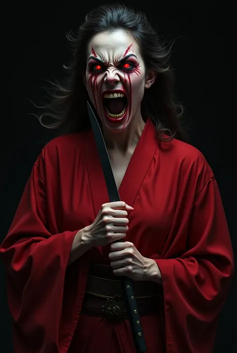 Create an realistic image of japanese Women ghost in red attire and make her looks more angry and aggressive , red eyes, mouth with teeth with knife on hand and use background as black colour 