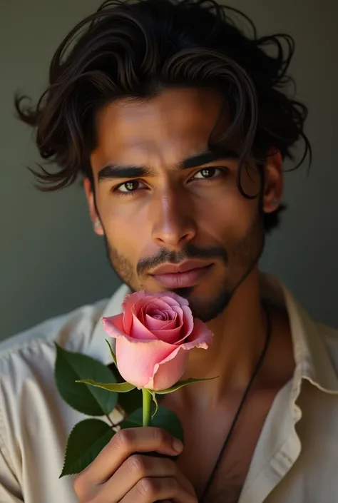 A 26-year-old Mexican beauty man holding a rose in his hands 