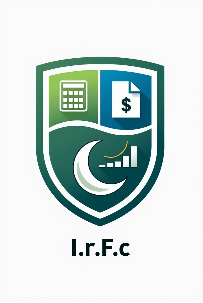 crie um logotipo em formato de escudo de clube de futebol que incorpora elementos de imposto de renda.  The shield must include financial icons , As a calculator ,  a crescent bar chart and a document with a dollar sign .  Use the colors green and blue to ...