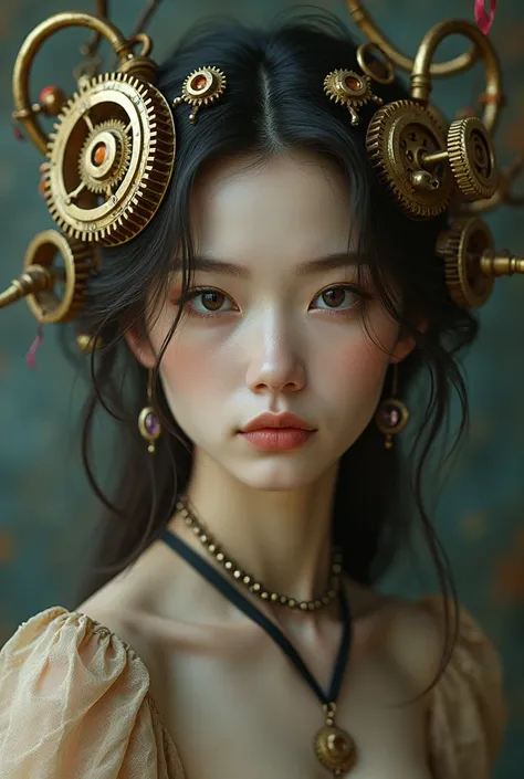 Cinematic, photorealistic portrait of a woman, with intricate gears embedded in her hair, steam-powered pipes weaving around her, soft multi-colored ribbons floating gently, old paper texture, ethereal and detailed lighting.