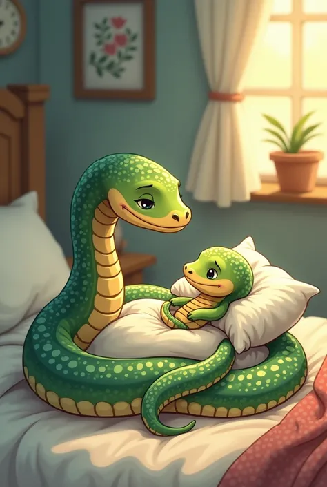 cartoon of a mother snake with her sick son in bed