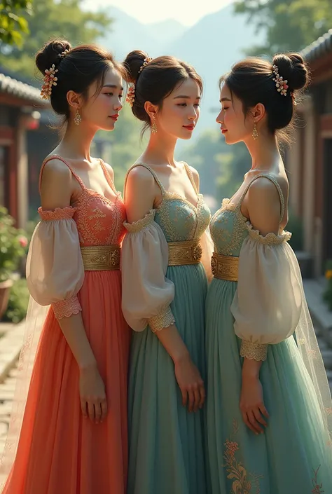 3 beautiful village women in elegant clothes 