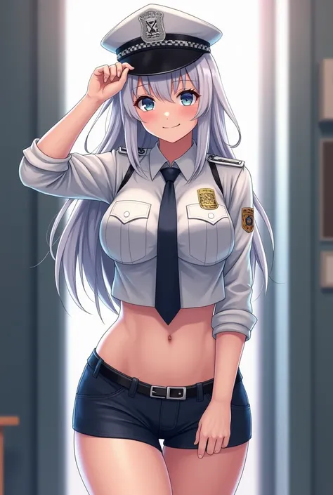 Attractive white woman ,  with big breasts in sight, mini skirt panties down dressed as anime police