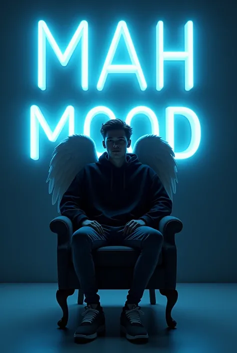 Create a 3D illusion for a profile picture where a19" Year old cute "male" in 
a black hoodie Sitting casually on a Wingback chair. Wearing sneakers, she looks ahead. The background 
features "mahmood" in big and capital "blue" neon light fonts on the dark...