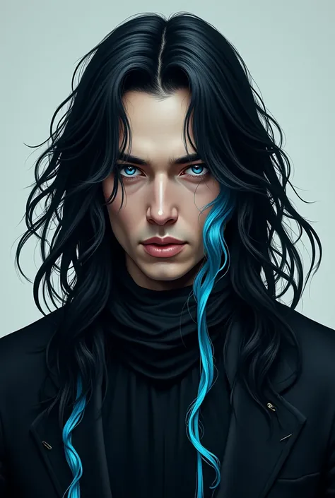 A man has long black and bright blue hair 
 His eyes 