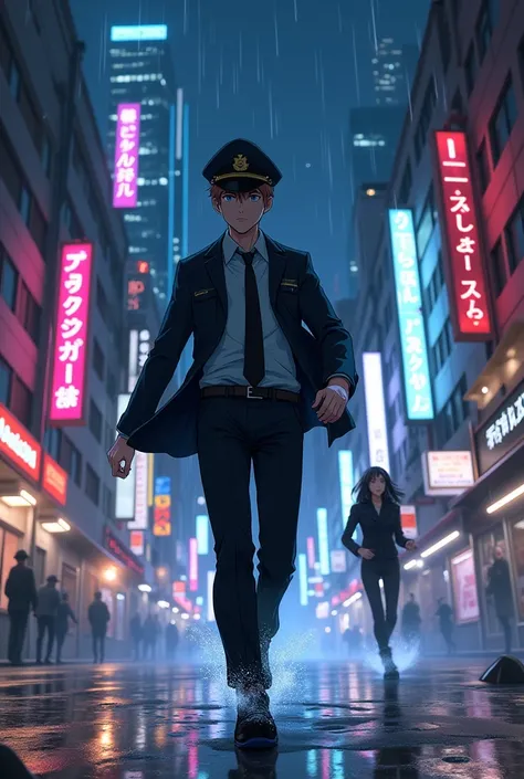 anime police boy  chasing in the street night