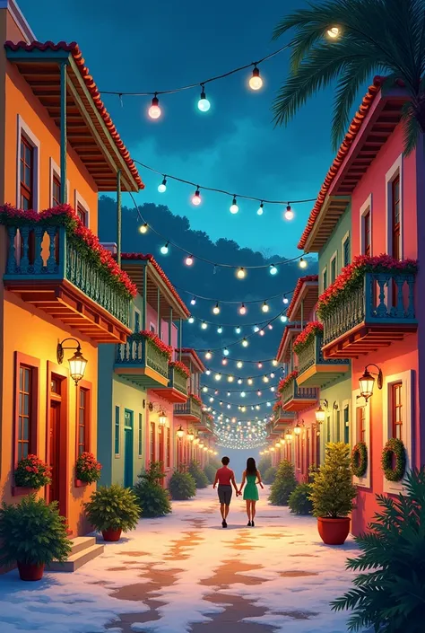 Illustration: background of Mandeville a small town in Jamaica 
- Details: Christmas lights, decorations, Jamaican architecture
- Setting: Mandeville town
- Mood: Magical, festive
- Optional: Red poinsettias in window displays or decorations
