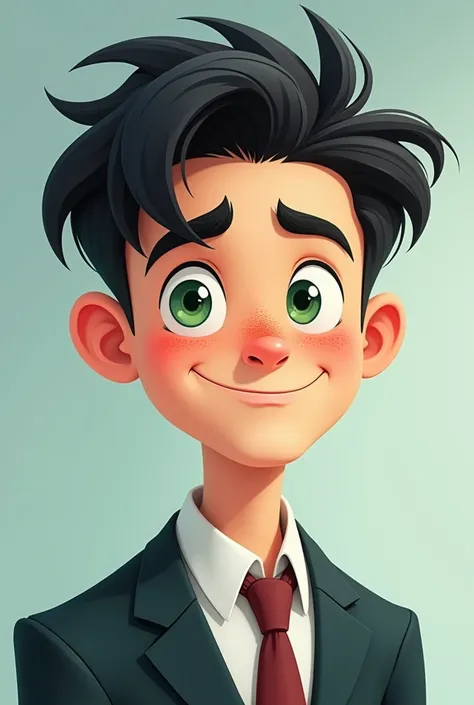 A cartoon of a teenage white male wearing a suit with green eyes,  black hair ,  and freckles on their face 