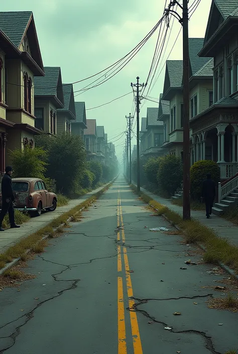 A street with a road in the middle, the left side is full of poor and dilapidated houses, the right side of the road is full of classy, ​​rich and beautiful houses.