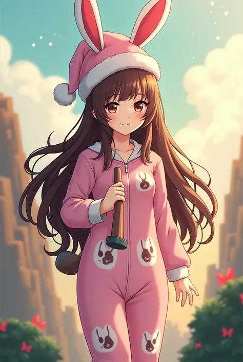 Anime doll Long brown hair Maria Chiquinha Christmas hat cute bunny heat jumpsuit 
Holding a sledgehammer from a game called Fle the Facylit in anime and an invisible head 
