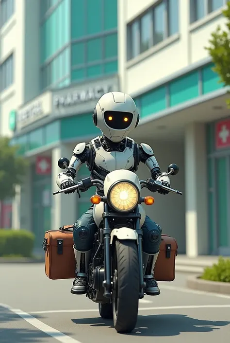 stressed robot on a motorbike with visiting bag infront of a hospital and pharmacy 