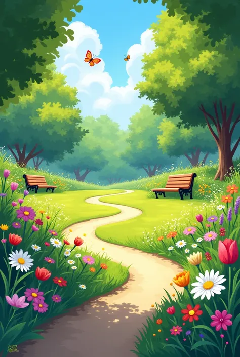 Create the image of a park with flowers and grasses ( in a playful way) Without ren with a road 