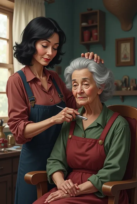 A 70-year-old black-haired woman with a tuft cutting an 80-year-old seamstresss hair inside a house 