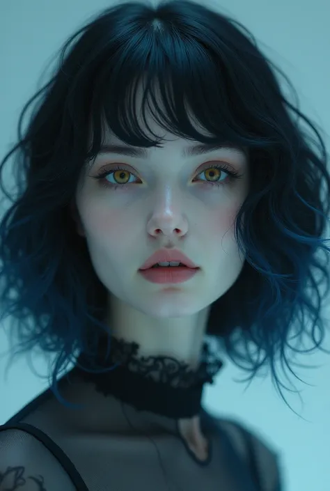 pale woman with sharp features and no makeup, curly shoulder length black hair with a blue shine and golden eyes