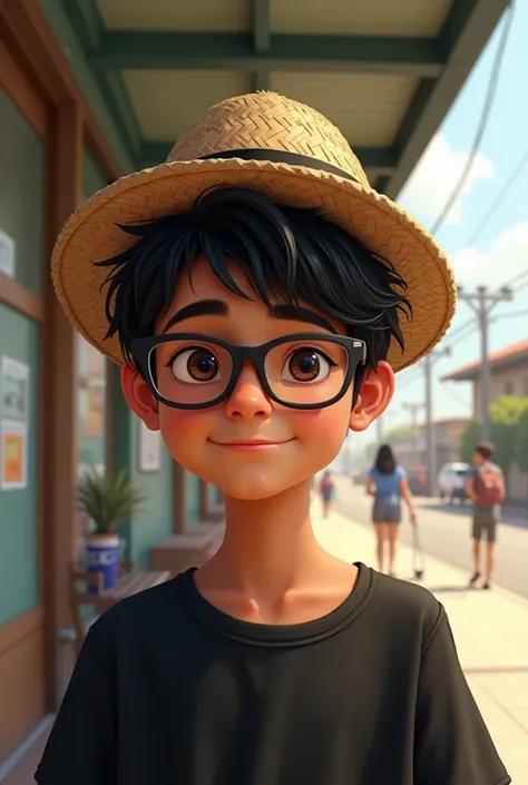  create an image of a boy with a brown skin tone similar to that of an indigenous person ,The boy is 1 ,67m,  he is a bit thin and has dark hair ,  in addition to wearing black glasses and a black shirt, along with a straw hat .  the scenario he is in is a...